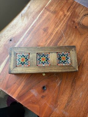 Wood Trinket Box with Decorative Orange Floral Tiles